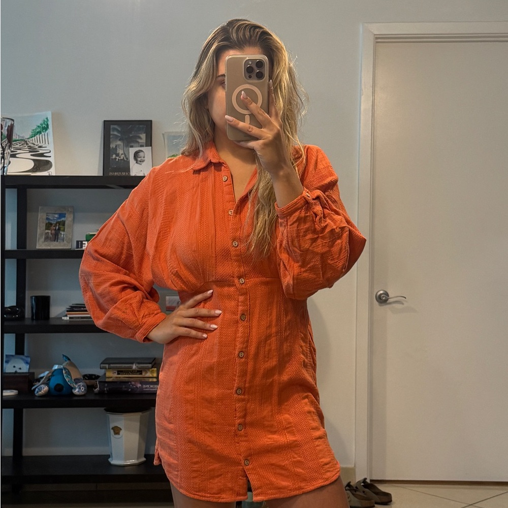 Free People Orange Bishop Sleeve Shirt Dress
